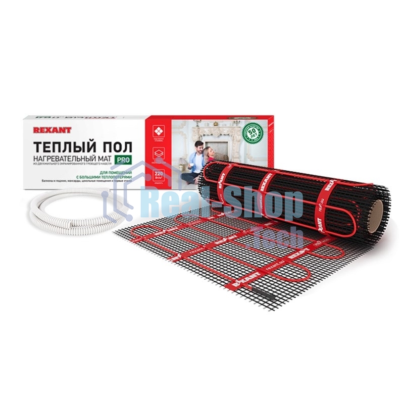 Теплый пол (нагревательный мат) Rexant PRO (RNX -1,0-220 площадь1,0 м² (0,5х2.0 м)), 220 Вт, двухжильный с экраном
