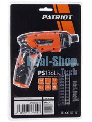 Отвертка аккумуляторная PATRIOT PS 136Li Li-Ion, 3.6 В/1,5 Ач, Реверс, 200 об/мин, 3,5 Нм, патрон: НЕХ 1/4