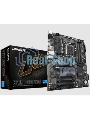 Материнская плата Gigabyte B760 DS3H DDR4, LGA 1700, Intel B760, 4xDDR4, 4xSATA, 2xM.2, 1xPCIe 4.0 x16, 4xPCIe 3.0 x1, 1xHDMI, 1xDP, 1x 1Gb LAN, 1xUSB 3.2 Gen 2, 1xUSB 3.2 Gen 2x2, 4xUSB 2.0, 3x3.5 мм, 7.1, ATX