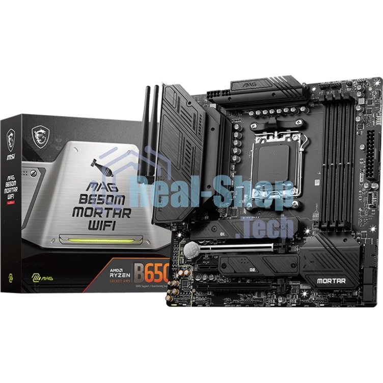 Материнская плата MSI MAG B650M MORTAR WIFI, AM5, AMD B650, 4xDDR5, 6xSATA, 2xM.2, 1xPCI-E 4.0 x16, 1xPCI-E 4.0 x4, 1xHDMI, 1xDP, 1x2.5Gb LAN, 3xUSB 3.2 Gen 2, 4xUSB 3.2 Gen 1, 1xUSB-C 3.2 Gen 2x2, 5x3.5мм аудио, 7.1, Micro-ATX