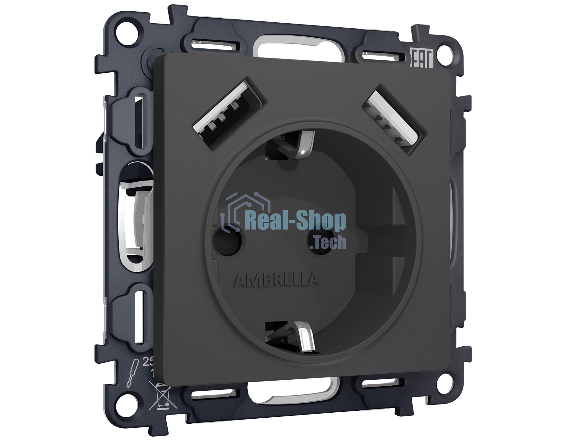 Комплект механизма электрической розетки ALFA Графит мягкое касание 2USB A+A 18W (быстрая зарядка) с/з QUANT (AP9090, VM155) MA909010