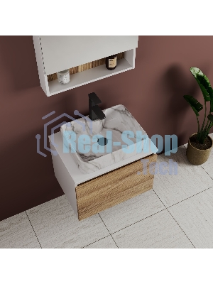 Комплект: тумба Bau Dream Blackwood 60, 1 ящик, раковина прямоугольная BAU Cerama 48х37, мрамор, смеситель Hotel Black, черный матовый, выпуск клик клак черный