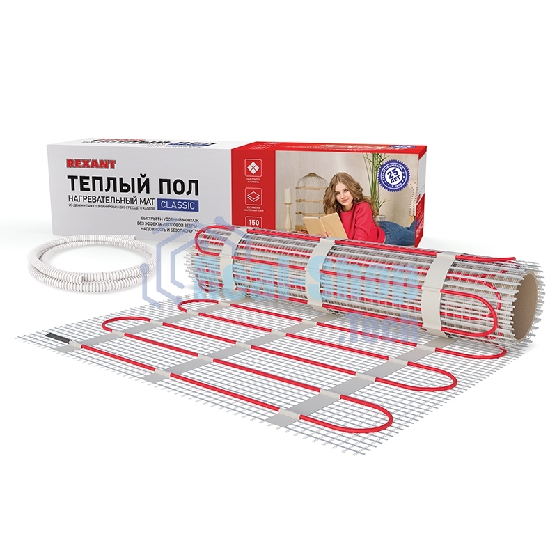Теплый пол (нагревательный мат) Rexant Classic RNX-15,0-2250 (площадь 15,0 м2 (0,5 х 30,0 м)), 2250 Вт, двухжильный с экраном