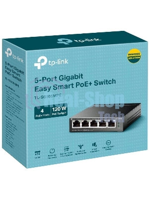 Коммутатор TP-Link TL-SG105MPE Easy Smart с 5 гигабитными портами (4 порта PoE+), 802.3af/at, бюджет PoE — 120 Вт, стальной корпус