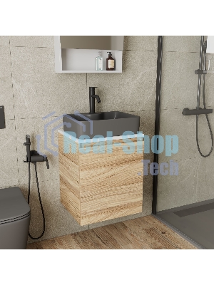 Тумба Bau Dream Blackwood 50 с дверцей, раковина BAU Cerama 48х37 темно-серая матовая, смеситель Hotel Dream Black, нерж. сталь, черный