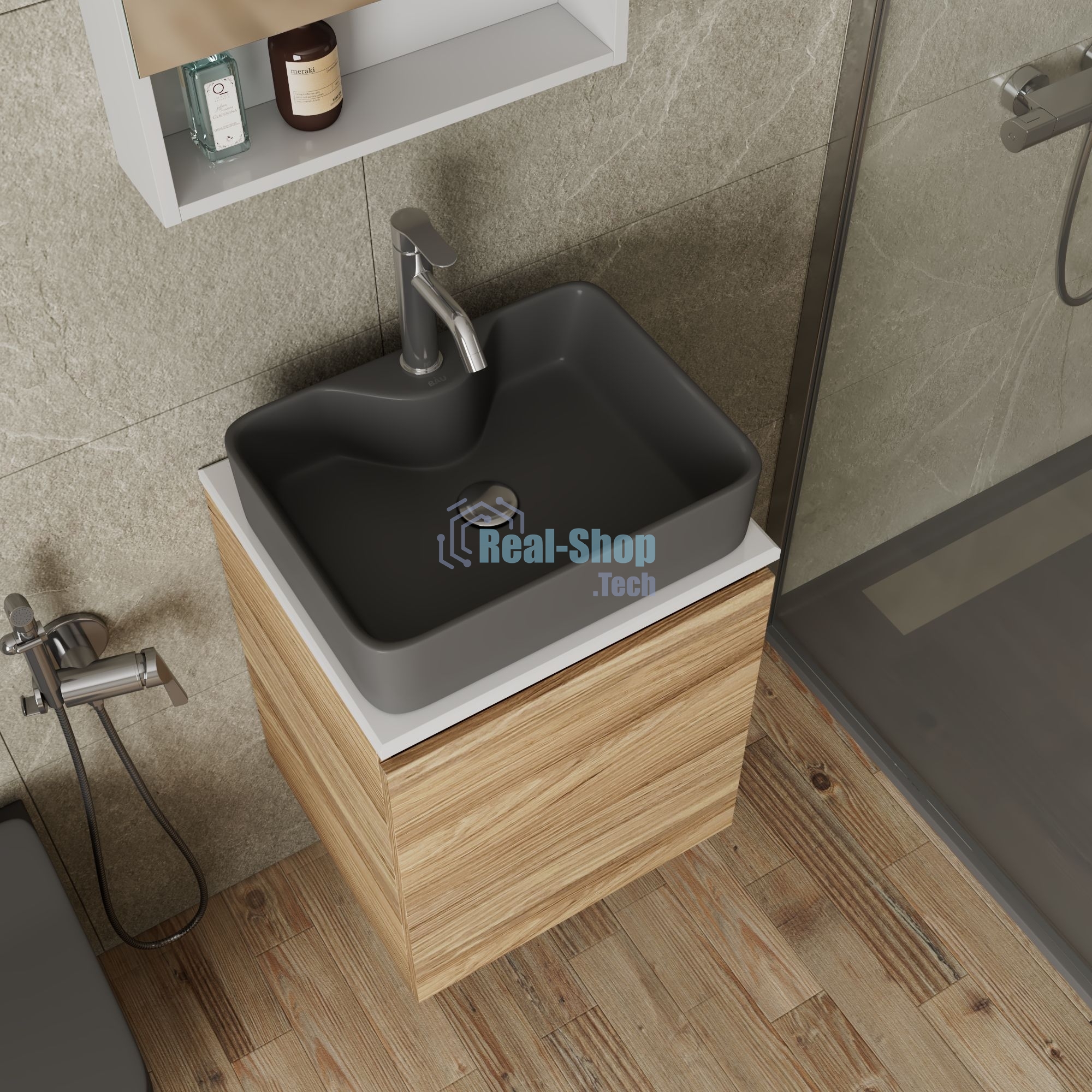 Тумба Bau Dream Blackwood 50 с дверцей, раковина BAU Cerama 48х37 темно-серая матовая, смеситель Hotel Dream, нерж. сталь, выпуск клик клак, хром