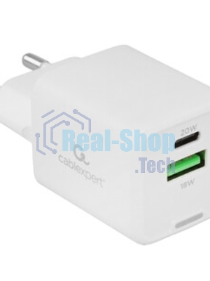 Зарядное устройство Cablexpert MP3A-PC-61, 20Вт GaN, 3А, QC4.0/PD, 1xUSB, 1xType-C, белый, пакет