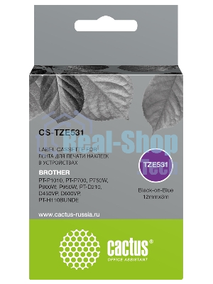 Картридж ленточный Cactus CS-TZE531 TZe-531 черный шрифт, синий фон (12 мм, 8 м) для Brother PT-P1010, PT-P700, P750W, P900W, P950W, PT-D210, D450VP, D600VP, PT-H110BUNDE