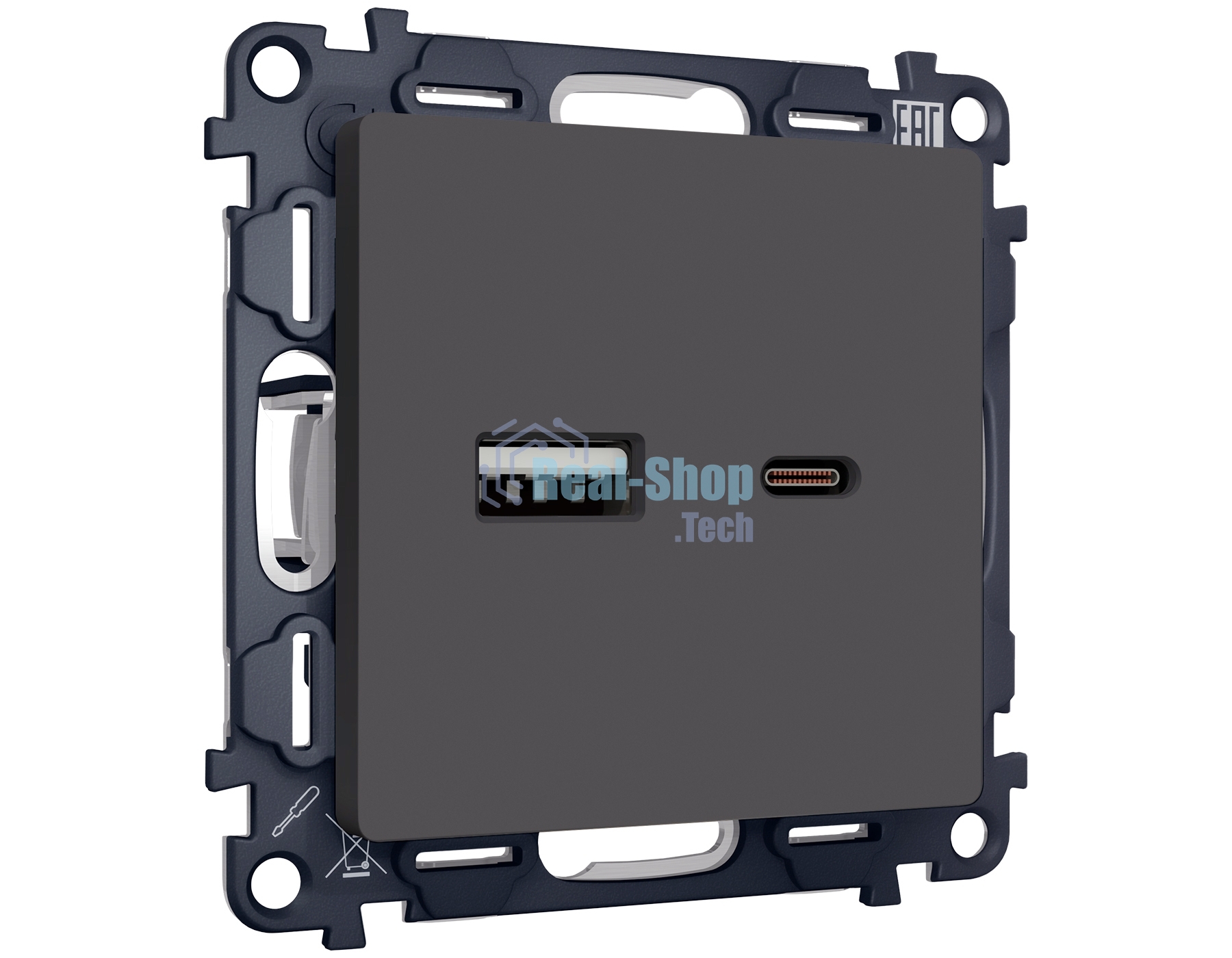 Комплект механизма розетки ALFA Графит мягкое касание 2USB A+C 20W (быстрая зарядка) QUANT (AP9110, VM177) MA911010