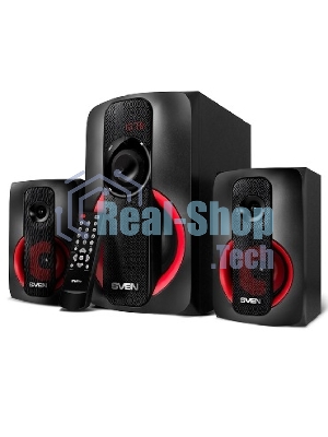 Колонки SVEN AC MS -304, черный Акустическая система, беспроводная передача сигнала по Bluetooth, суммарная мощность (RMS), Вт - 40, выходная мощность (RMS), Вт - сабвуфер: 20, сателлиты: 20 (2 х10), частотный диапазон, Гц - сабвуфер: 40 – 150, сателлиты: 150 – 20 000, размеры динамиков, мм - сабвуфер: O 128, воспроизведение с USB flash и SD card памяти, встроенное FM-радио, LED-дисплей, пульт ДУ, материал корпуса сабвуфера и сателлитов – дерево (MDF).