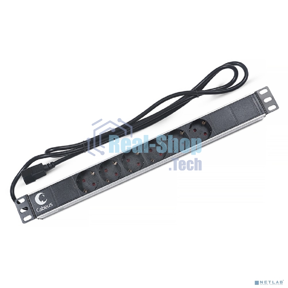 Блок силовых розеток Cabeus, Shuko х 6, вход IEC 320 C14, для шкафов, шнур 2 м, 50х490х50 мм (ВхШхГ), 10А, черный