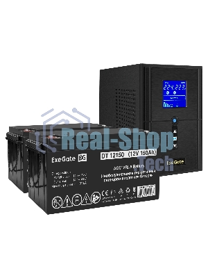 Комплект Источник бесперебойного питания EX295988RUS + батарея 150Aч EX282990RUS 2шт (инвертор, синус, для котла) ExeGate SineTower SZ-1500.LCD.AVR.2SH.1C13.USB 1500VA/1200W, чистый синусоида, LCD дисплей, AVR, 2хSchuko+1хC13, USB, линейно-интерактивный, Black + батарея ExeGate DT 12150 (12В, 150Ач) 2шт