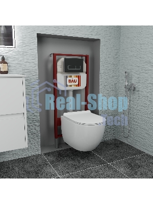 Комплект BAU 6 в 1: рамная инсталляция BAU NEO 45 для подвесного унитаза, унитаз подвесной безободковый Bau Dream 53, сиденье дюропласт микролифт, клавиша смыва BAU Pulse, черная матовая/вставка хром