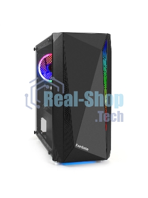 Компьютерный корпус Minitower ExeGate EX294384RUS Mistery R2 (mATX, без БП, 2*USB+1*USB 3.0, аудио, черный, 1 вент. 12см с RGb подсветкой и полоса на передней панели, боковая панель - закаленное стекло)