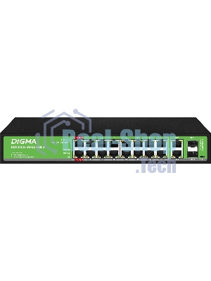 Коммутатор Digma DSP216G-2G-2S-R300 (L2) 18x1 Гбит/с 2SFP 16PoE 16PoE+ 2PoE++ 300W неуправляемый