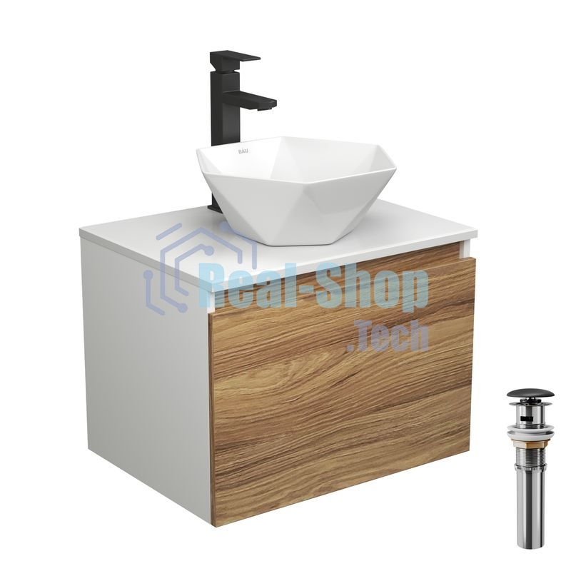 Комплект для ванной, 4 предмета (тумба Bau Dream 60 + раковина на столешницу BAU 40х40, белая + смеситель Hotel Black, выпуск клик-клак, черный)