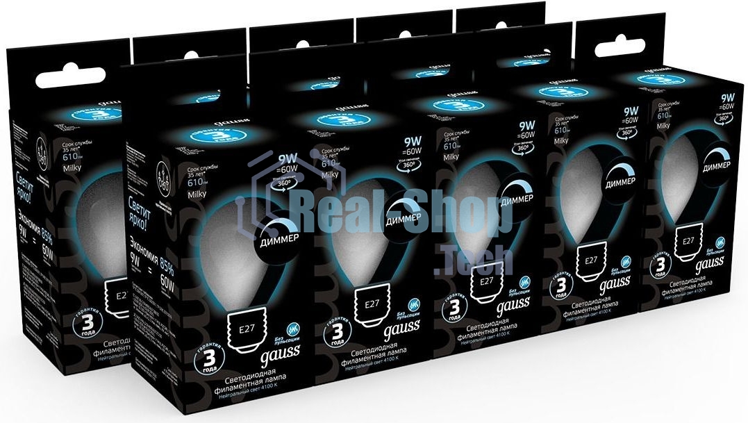 Лампа светодиодная Gauss Filament 105202209-D 9Вт цок.: E27 шар 220B 4100K св. свеч. белый нейт. (упак.: 10 шт)