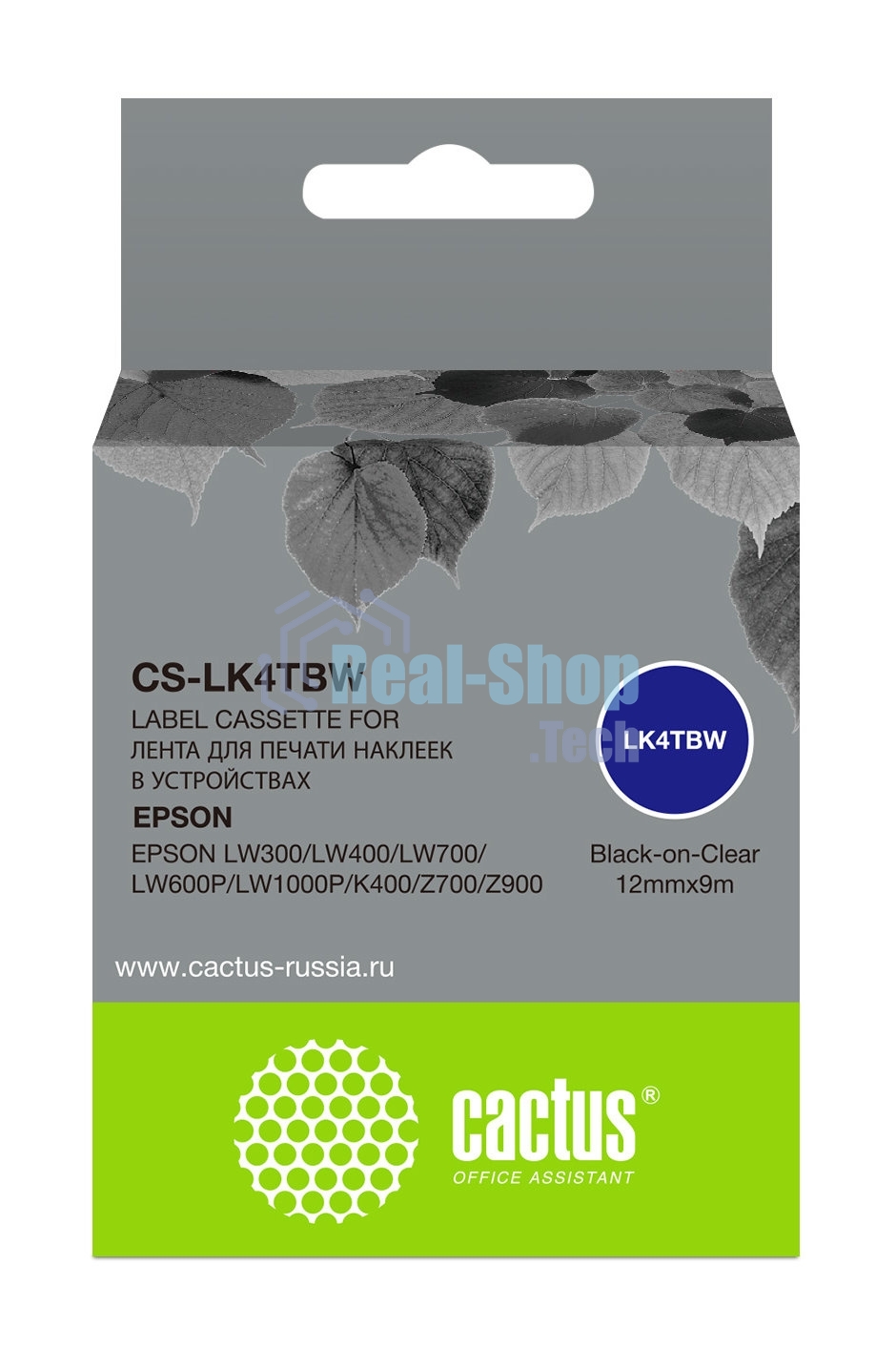 Картридж ленточный Cactus CS-LK4TbW черный шрифт, прозрачный фон (12 мм, 9 м) для Epson LW300/LW400/LW700/LW600P/LW1000P/K400/Z700/Z900