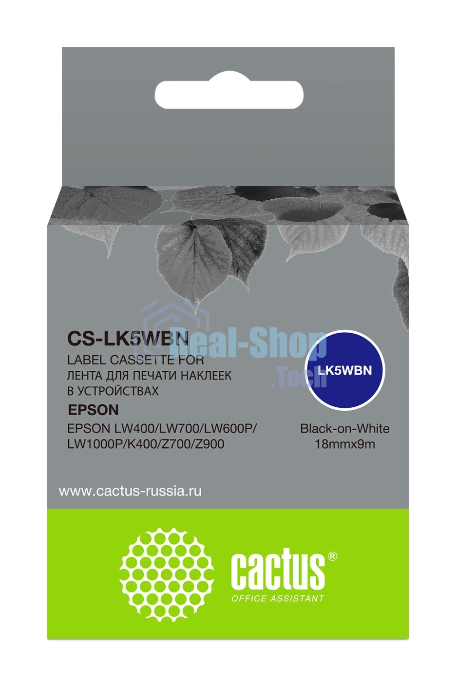 Картридж ленточный Cactus CS-LK5WBN черный шрифт, белый фон (18 мм, 9 м) для Epson LW300/LW400/LW700/LW600P/LW1000P