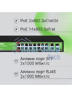 Коммутатор Digma DSP216G-2G-2S-R300 (L2) 18x1 Гбит/с 2SFP 16PoE 16PoE+ 2PoE++ 300W неуправляемый