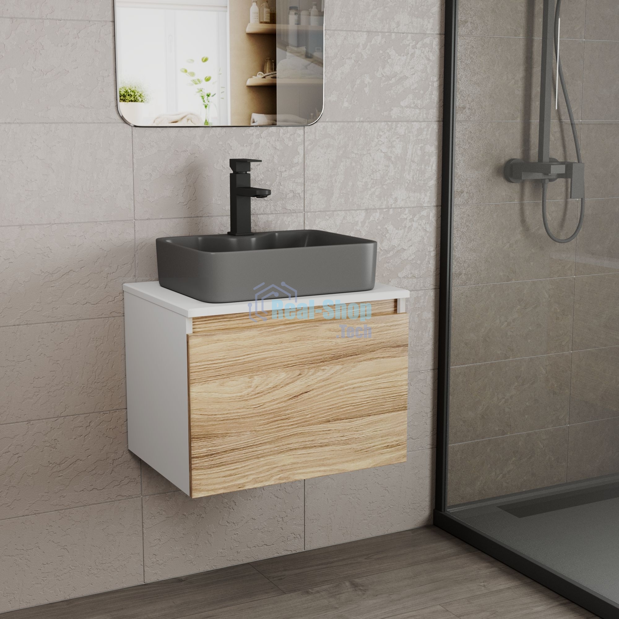 Комплект: тумба Bau Dream Blackwood 60, 1 ящик, раковина BAU Cerama 48х37, темно-серая, смеситель Hotel Black, черный матовый