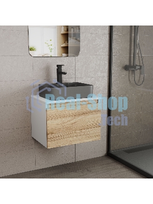 Комплект: тумба Bau Dream Blackwood 60, 1 ящик, раковина BAU Cerama 48х37, темно-серая, смеситель Hotel Black, черный матовый