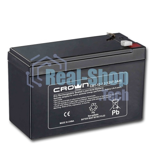 Батарея для ИБП CROWN CBT-12-7.2 (напряжение 12В, емкость 7.2 А/Ч, разм 151х65х100 мм, вес 2,1 кг, тип клеммы - F2, 5 лет)