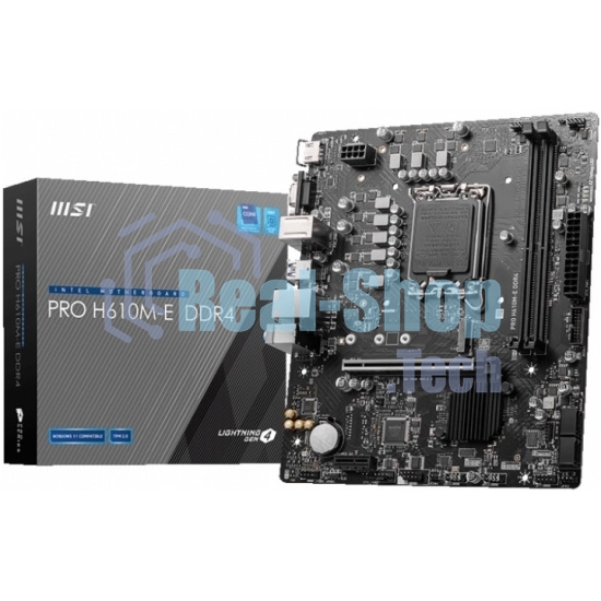 Материнская плата MSI PRO H610M-E DDR4, LGA 1700, Intel H610, 2xDDR4, 4xSATA, 1xM.2, 1xPCIe 4.0 x16, 1xPCIe 4.0 x1, 1xHDMI, 1xVGA, 1xRJ45 1Gb, 2xUSB-A 3.2 Gen 1, 4xUSB-A 2.0, 3x3.5мм, 7.1, mATX