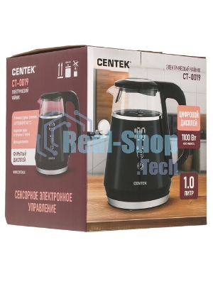 Чайник электрический Centek CT-0019, 1100 Вт, стекло, черный и серебристый