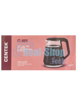 Чайник электрический Centek CT-0019, 1100 Вт, стекло, черный и серебристый