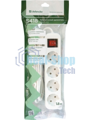 Удлинитель Defender S418 белый 1.8 м, 4 розетки 