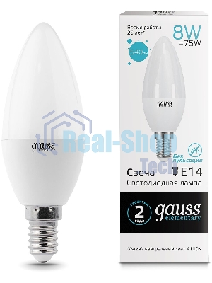 Лампа светодиодная LED Gauss 8Вт E14 220В 4100К Elementary свеча 33128