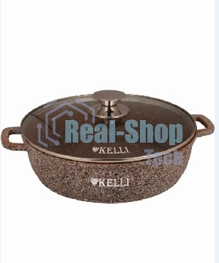 Сковорода-сотейник Kelli KL-4019-28 28 см, 5,0 л ОБЪЕМ 5 л из высокопрочного алюминия с гранитным покрытием, с индукционным дном. Силиконовые накладки для ручек съемные. Стеклянная крышка с паровыпуском. Пригодна для всех видов плит, в том числе индукционных