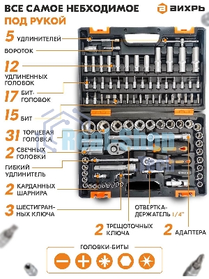 Набор инструментов 1/2дюйм; 1/4дюйм CrV пластик. кейс (94 предм.) Вихрь 73/6/7/5