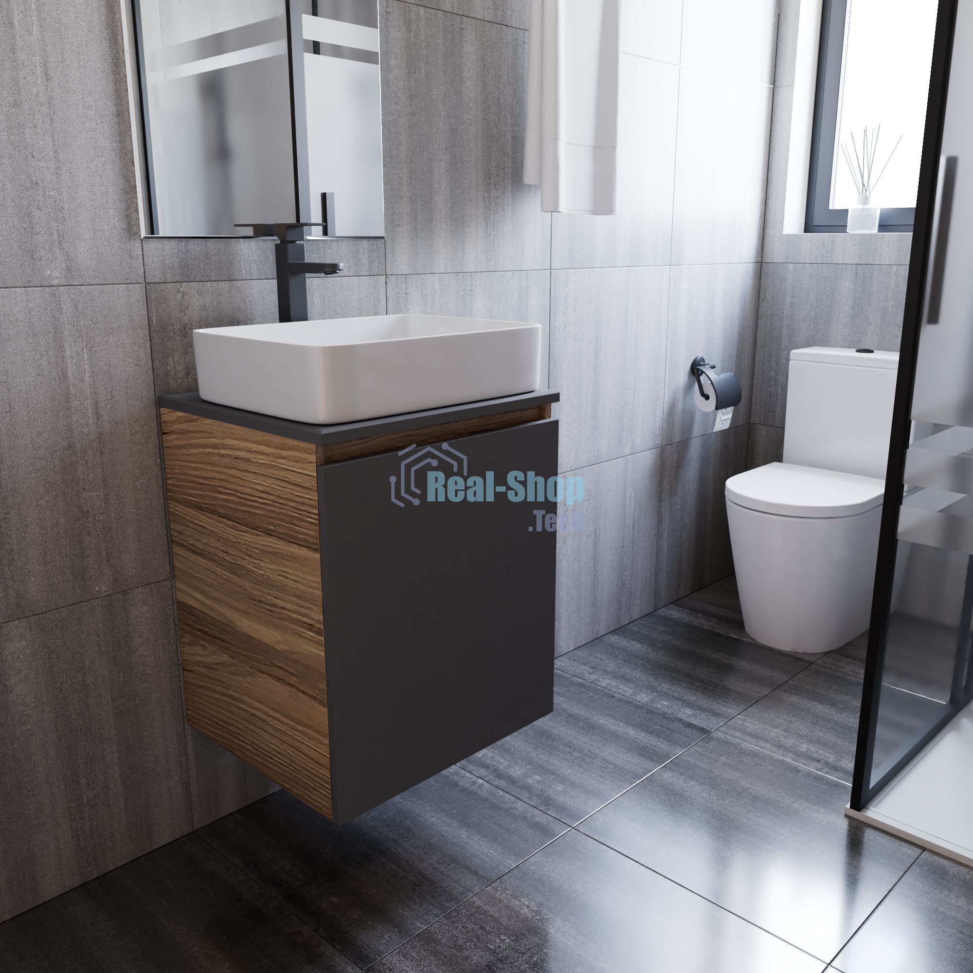 Тумба Bau Dream Blackwood 50 графит, раковина BAU Hotel 48х37, смеситель для раковины высокий Hotel Black, черный