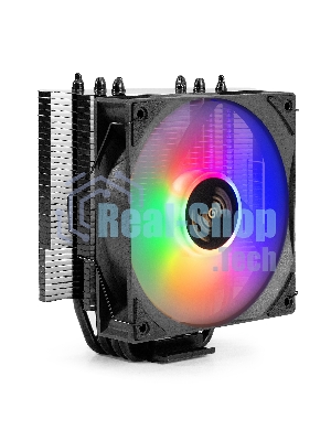 Кулер для процессора ExeGate Dark Magic EXX400V3-PWM.RGB (Al+Cu, черное покрытие, 4 тепл.трубки, LGA1150/1151/1155/1156/1200/1700/1851/AM2/AM2+/AM3/AM3+/AM4/AM5/FM1/FM2/754/939/940, TDP 140W, Fan 120mm, PWM, 800-1800RPM, Hydro bearing, 4pin, 11-24db, 500г брутто, RGB подсветка, с термопастой, на винтах, RTL)