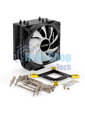 Кулер для процессора ExeGate Dark Magic EXX400V3-PWM.RGB (Al+Cu, черное покрытие, 4 тепл.трубки, LGA1150/1151/1155/1156/1200/1700/1851/AM2/AM2+/AM3/AM3+/AM4/AM5/FM1/FM2/754/939/940, TDP 140W, Fan 120mm, PWM, 800-1800RPM, Hydro bearing, 4pin, 11-24db, 500г брутто, RGB подсветка, с термопастой, на винтах, RTL)