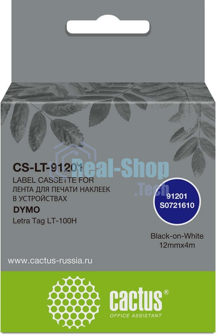 Картридж ленточный Cactus CS-LT-91201 черный шрифт, белый фон (12 мм, 4 м) для Dymo Letra Tag LT-100H