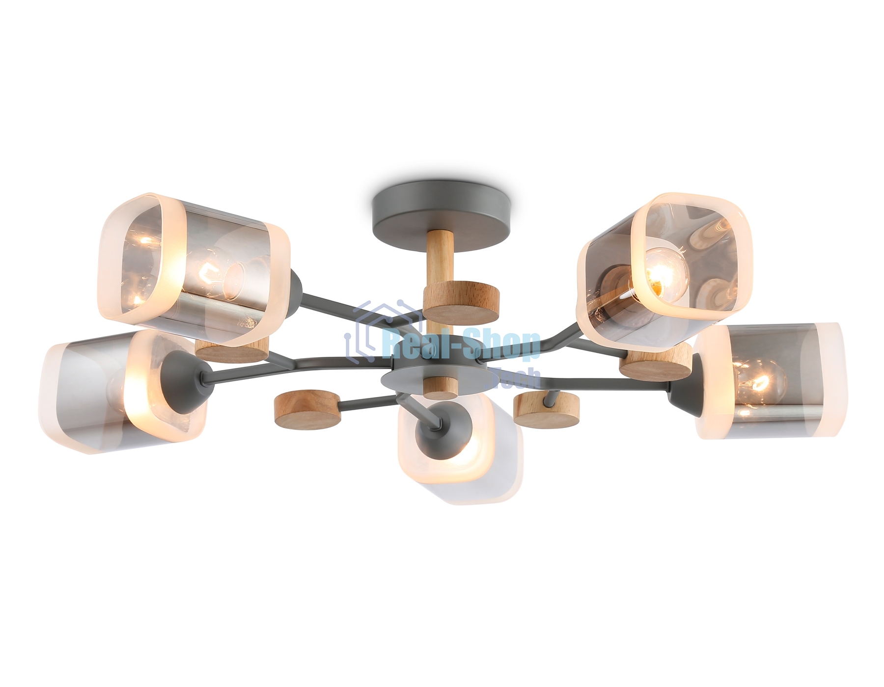 Светильник Ambrella light TR3033233/5 GR/LW/SM серый/светлое дерево/дымчатый E27*5 max 60W D700*180