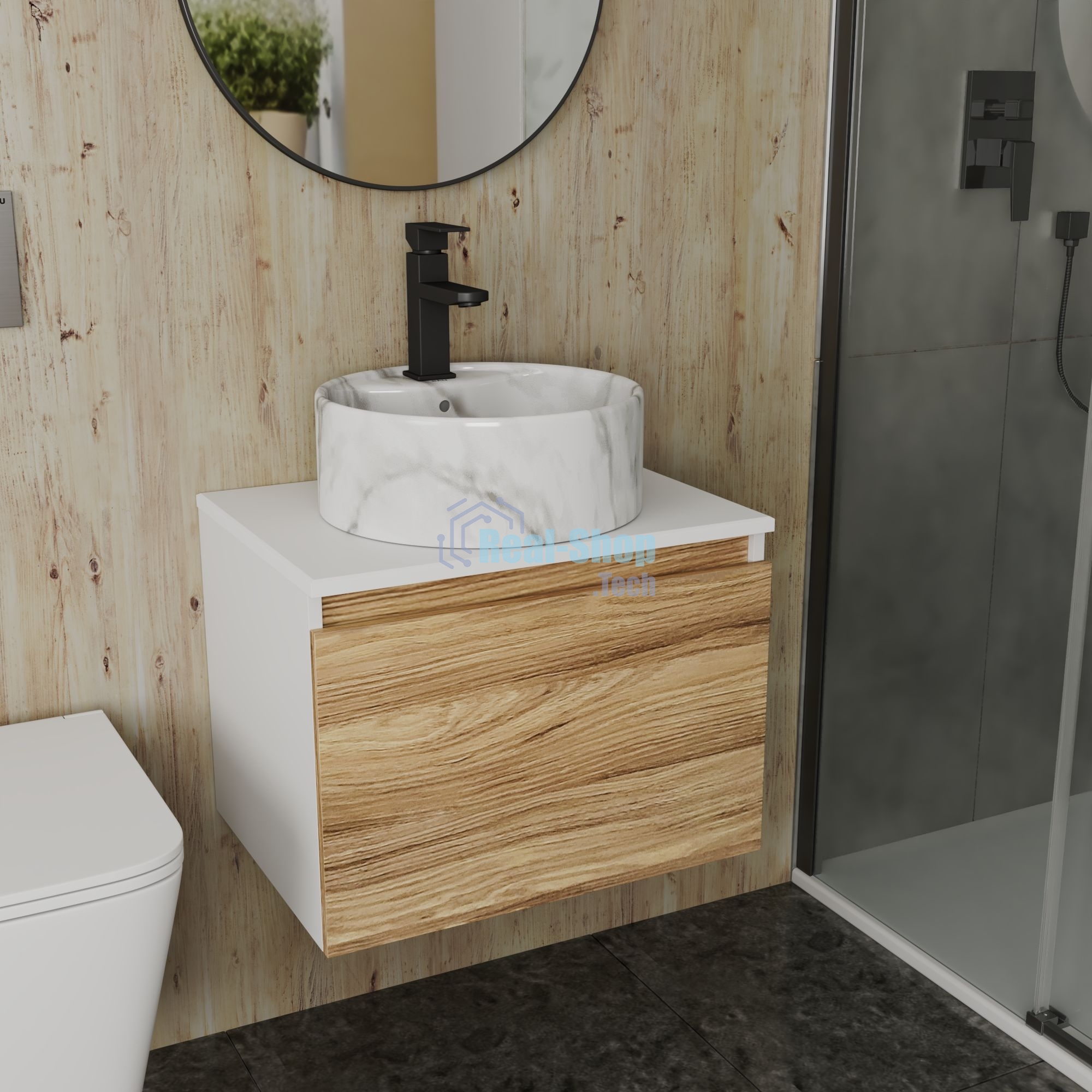 Комплект: тумба Bau Dream Blackwood 60, 1 ящик, Раковина круглая накладная BAU Element D41, мрамор, смеситель Hotel Black, черный матовый