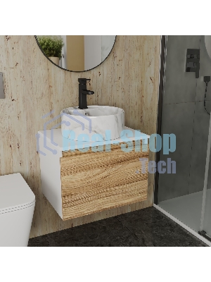 Комплект: тумба Bau Dream Blackwood 60, 1 ящик, Раковина круглая накладная BAU Element D41, мрамор, смеситель Hotel Black, черный матовый