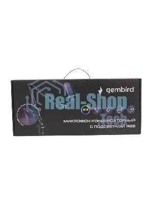 Микрофон конденсаторный Gembird M-02N, подсветка RGB, шумоподавление, микрофонная стойка (пантограф), черный