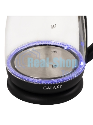 Чайник электрический Galaxy Line GL 0554, черный, стекло, 2000 Вт, 1,8 л, LED-подсветка, шкала уровня воды, корпус из термостойкого стекла