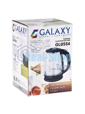 Чайник электрический Galaxy Line GL 0554, черный, стекло, 2000 Вт, 1,8 л, LED-подсветка, шкала уровня воды, корпус из термостойкого стекла
