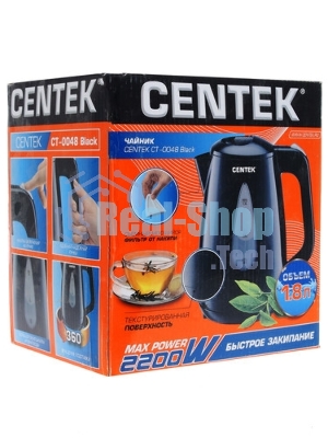 Электрочайник Centek CT-0048 черный, 1.8 л, 2200 Вт, скрытый нагревательный элемент