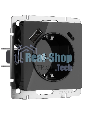 Розетка с заземлением, шторками и USB тип A+C (черный акрил)