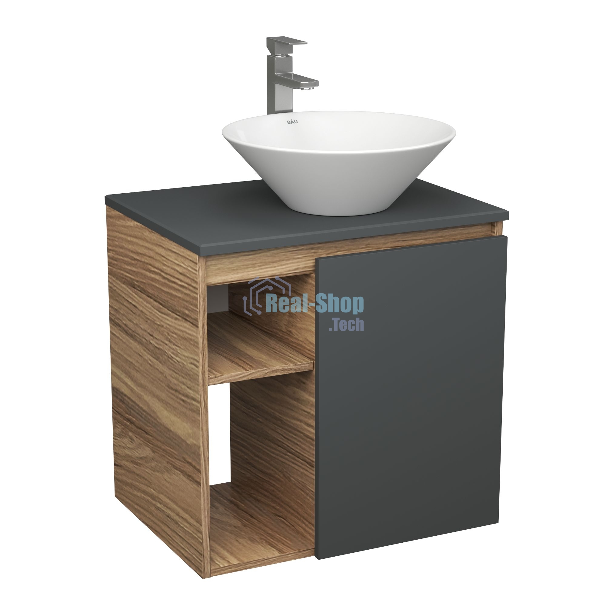 Тумба Bau Dream Blackwood 60 правая, графит, раковина BAU Dream D43, смеситель для раковины высокий Hotel Still, нержавеющая сталь