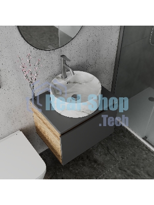 Комплект: тумба Bau Dream Blackwood графит 60, 1 ящик, раковина круглая накладная BAU Element D41, мрамор, смеситель Hotel Dream, нерж сталь, выпуск клик клак хром