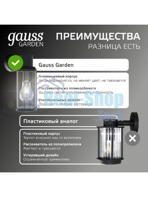 Светильник садово-парковый Gauss Vega на стену вниз 10.5x24x14.2cm, 170-240V/50Hz, 1xE27, Max.60W, IP: 54, 1/24