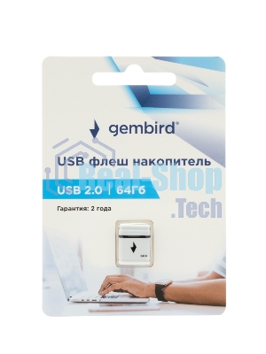 Флешка USB Gembird GFL-2.0-64mini, 64Gb, USB 2.0, R/W 30/15, белый
